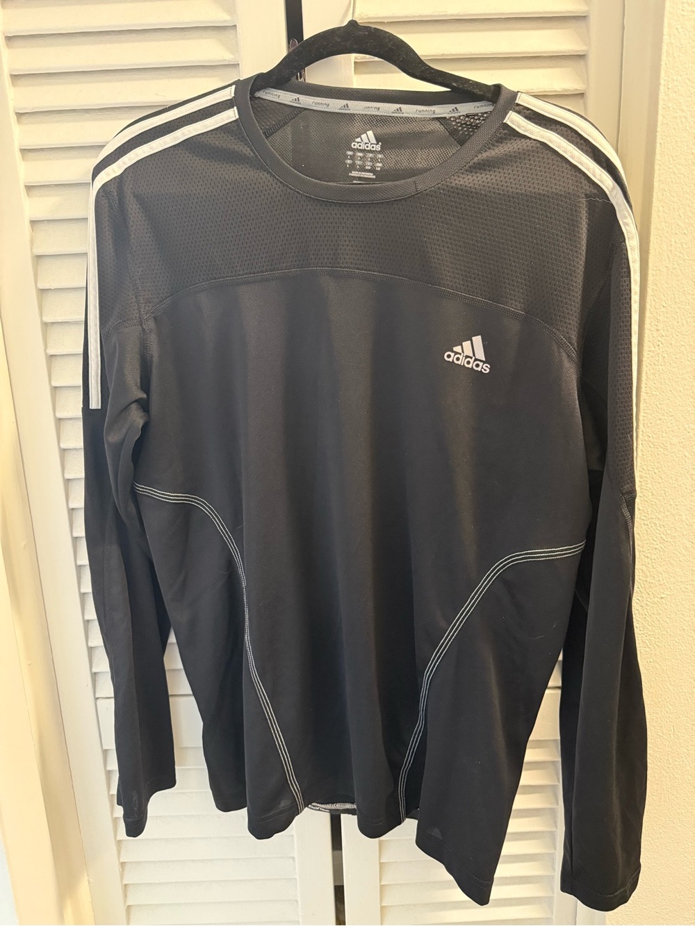 Adidas Black Long Sleeve Performance Top with White Stripes on Shoulders